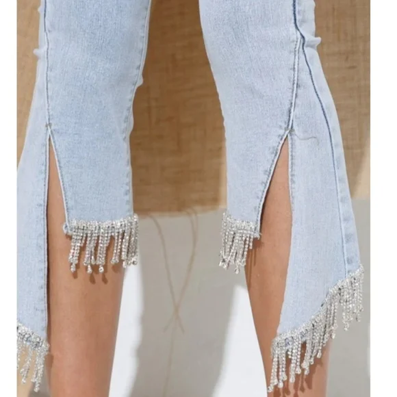 BLUE B RHINESTONE UNEVEN FRINGE HEM DENIM BLUE JEANS- L (31) - Picture 11 of 11